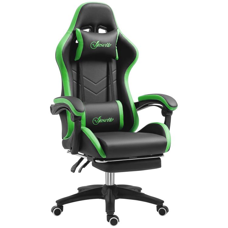 Reclining 135° Faux Leather Gaming Chair with Headrest and Footrest, 65x65x121-129cm, Black and Green