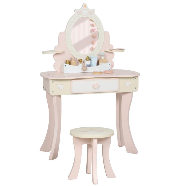 2-in-1 Vanity and Desk for Girls , Includes Stool, Mirror, Drawer, and 7 Accessories, Suitable for Ages 3 and Up, Pink