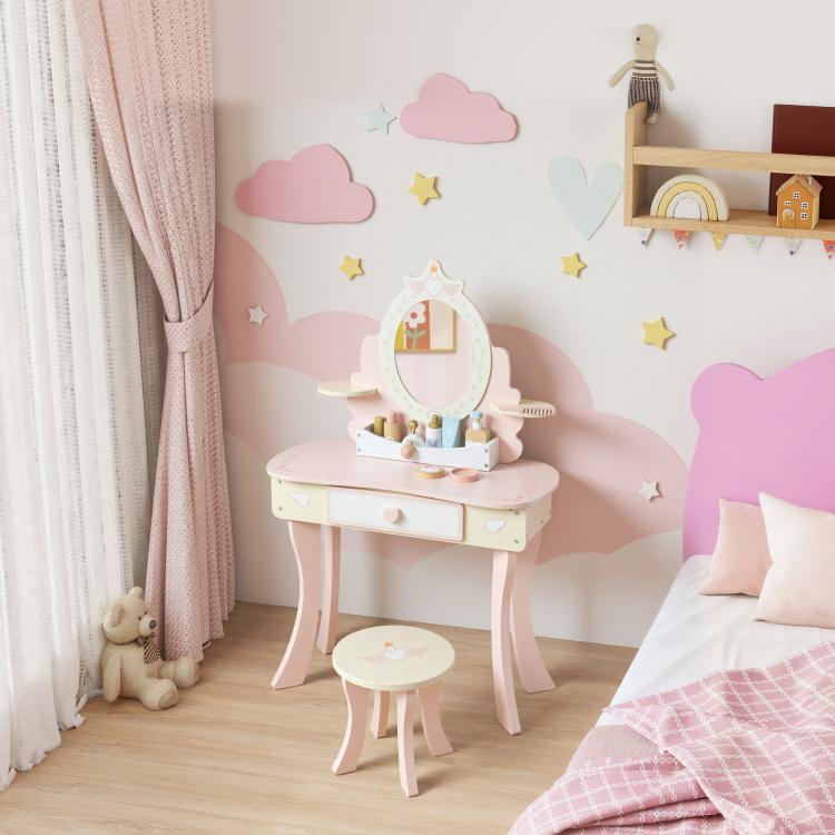 2-in-1 Vanity and Desk for Girls , Includes Stool, Mirror, Drawer, and 7 Accessories, Suitable for Ages 3 and Up, Pink — view 4