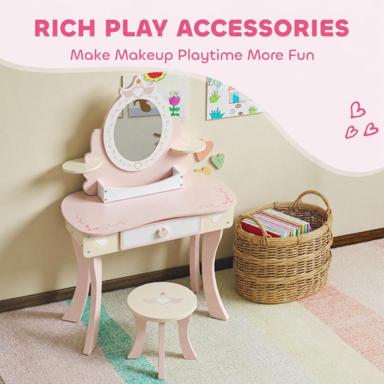 2-in-1 Vanity and Desk for Girls , Includes Stool, Mirror, Drawer, and 7 Accessories, Suitable for Ages 3 and Up, Pink — view 7