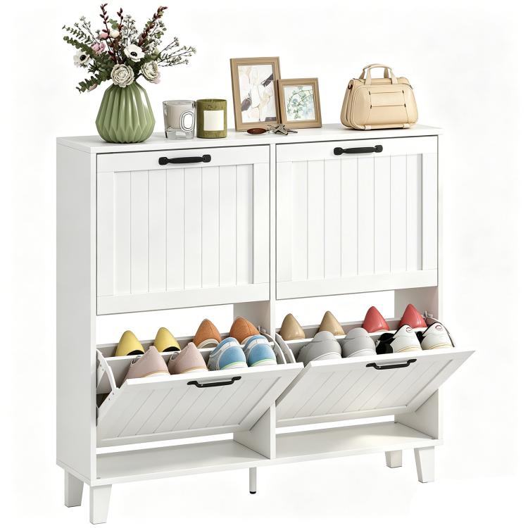 Shoe Cabinet, 4 Tilt-Out Drawers, Space-Saving with Adjustable Shelves, White