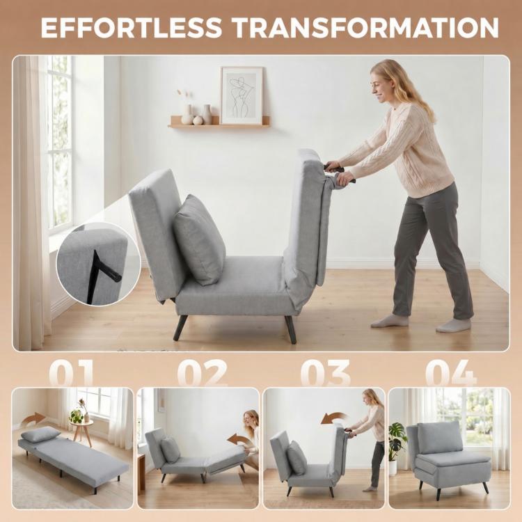 3-in-1 Sofa Bed with Adjustable Backrest and Cushion, in Light Grey Linen-Effect Fabric — view 6
