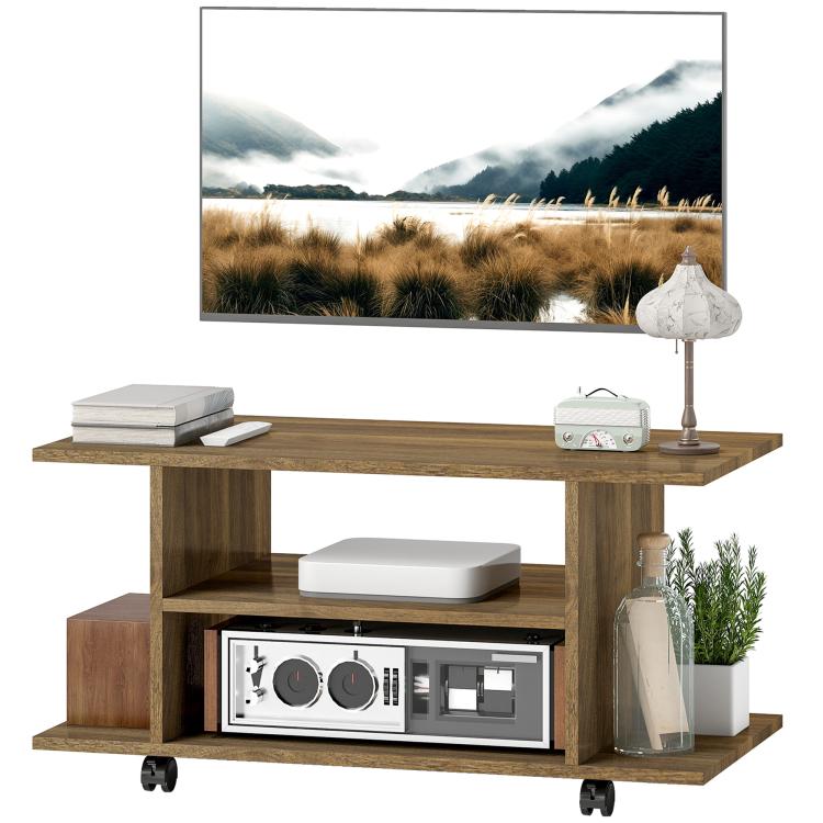 Modern TV Stand with Shelves, Swivel Wheels and Brakes, 80x40x40 cm, Walnut Finish — view 2
