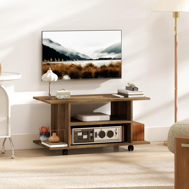 Modern TV Stand with Shelves, Swivel Wheels and Brakes, 80x40x40 cm, Walnut Finish — view 3