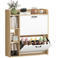Slim Shoe Cabinet with 2 Tilt-Out Drawers and 3 Open Compartments, 15-Pair Capacity, 83x24x90.5 cm, Wood and White Finish