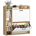 Slim Shoe Cabinet with 2 Tilt-Out Drawers and 3 Open Compartments, 15-Pair Capacity, 83x24x90.5 cm, Wood and White Finish