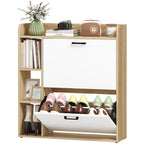 Slim Shoe Cabinet with 2 Tilt-Out Drawers and 3 Open Compartments, 15-Pair Capacity, 83x24x90.5 cm, Wood and White Finish — view 2