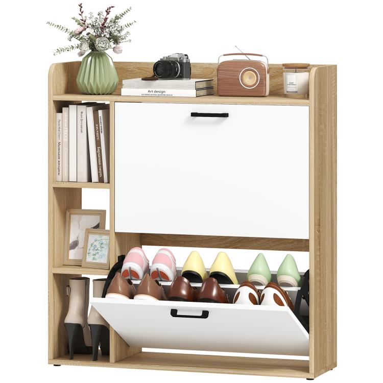 Slim Shoe Cabinet with 2 Tilt-Out Drawers and 3 Open Compartments, 15-Pair Capacity, 83x24x90.5 cm, Wood and White Finish — view 2