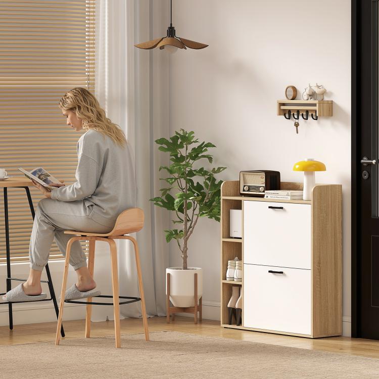 Slim Shoe Cabinet with 2 Tilt-Out Drawers and 3 Open Compartments, 15-Pair Capacity, 83x24x90.5 cm, Wood and White Finish — view 11