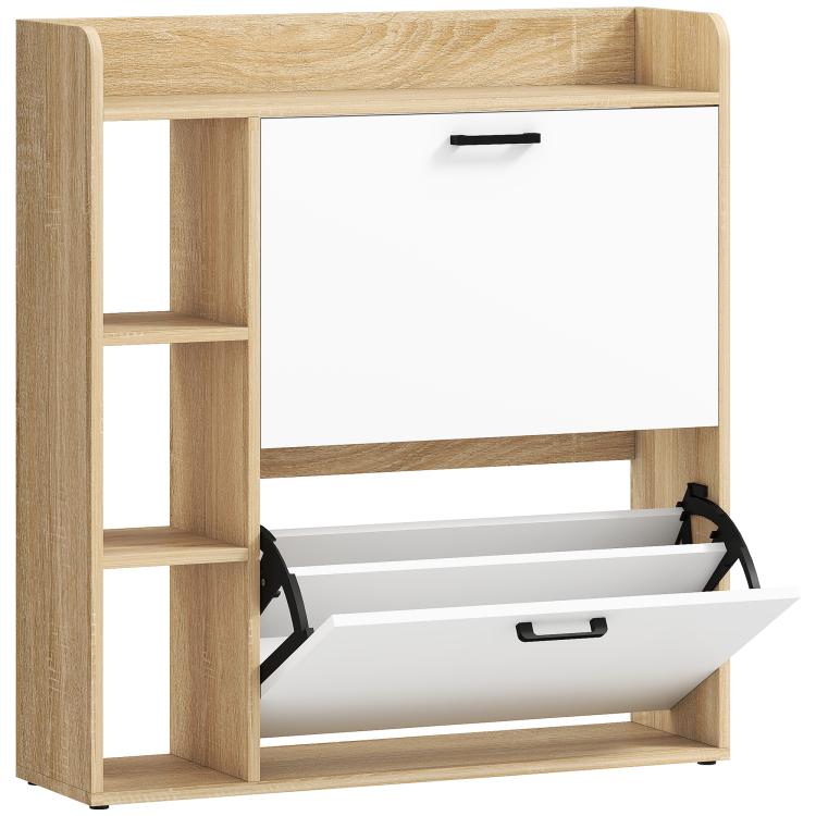 Slim Shoe Cabinet with 2 Tilt-Out Drawers and 3 Open Compartments, 15-Pair Capacity, 83x24x90.5 cm, Wood and White Finish — view 12