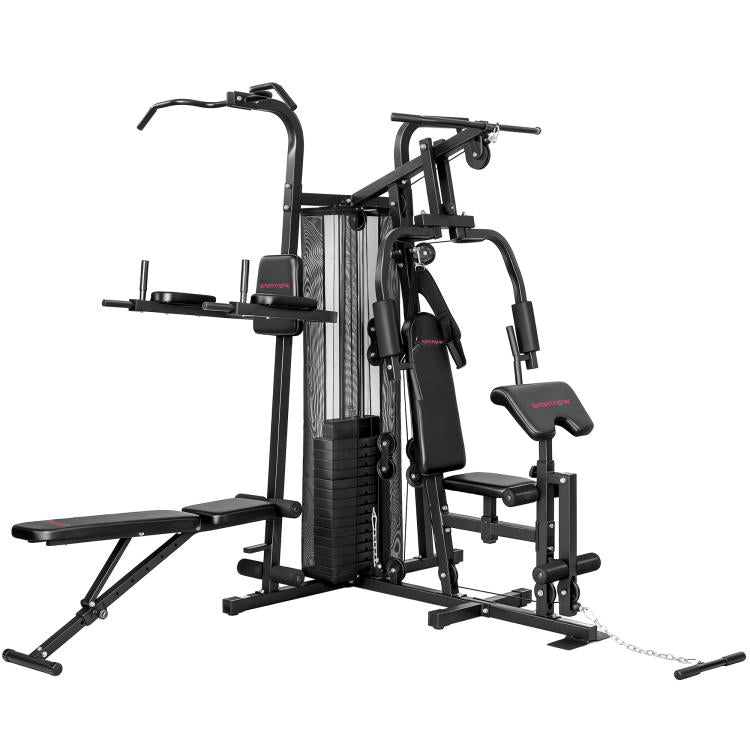 Multi-function training station, home fitness machine for over 10 exercises, weights, adjustable fitness bench, black