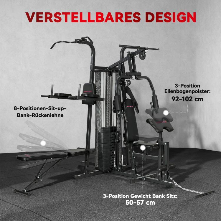 Multi-function training station, home fitness machine for over 10 exercises, weights, adjustable fitness bench, black