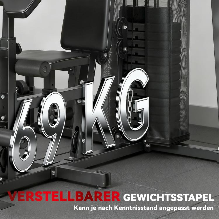 Multi-function training station, home fitness machine for over 10 exercises, weights, adjustable fitness bench, black