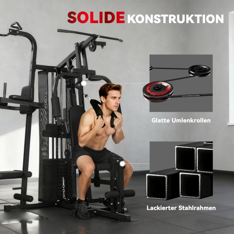 Multi-function training station, home fitness machine for over 10 exercises, weights, adjustable fitness bench, black