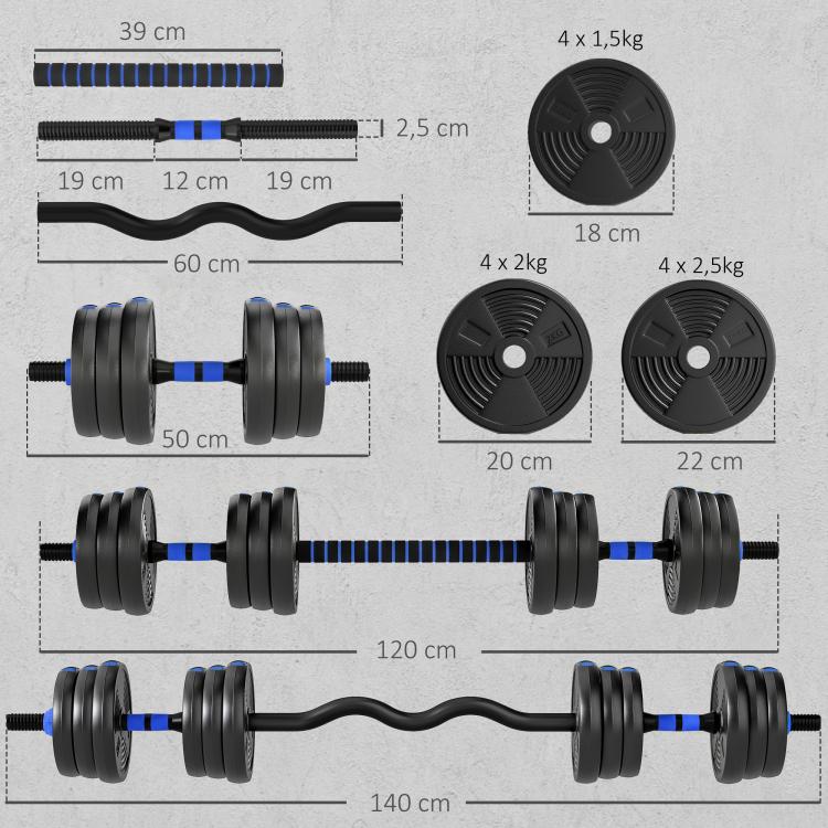 3-in-1 Adjustable 25kg Dumbbell Set with Extension Bar, Blue