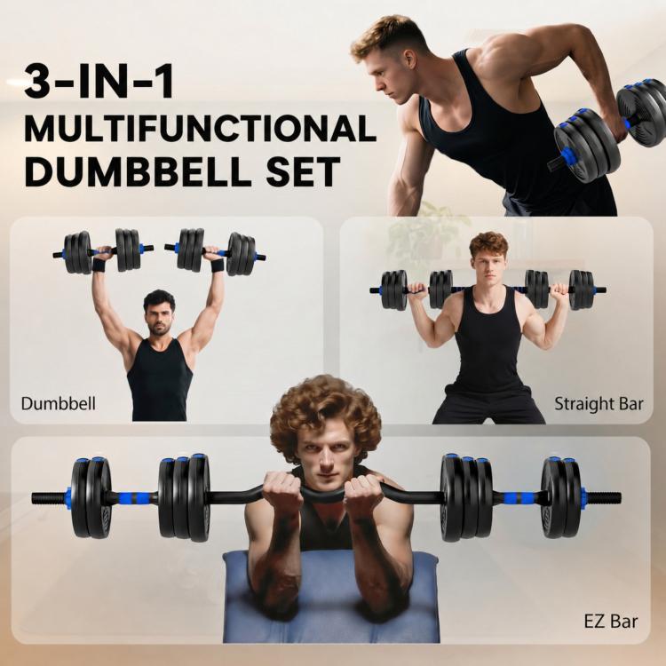 3-in-1 Adjustable 25kg Dumbbell Set with Extension Bar, Blue