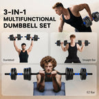 3-in-1 Adjustable 25kg Dumbbell Set with Extension Bar, Blue