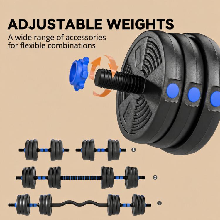 3-in-1 Adjustable 25kg Dumbbell Set with Extension Bar, Blue