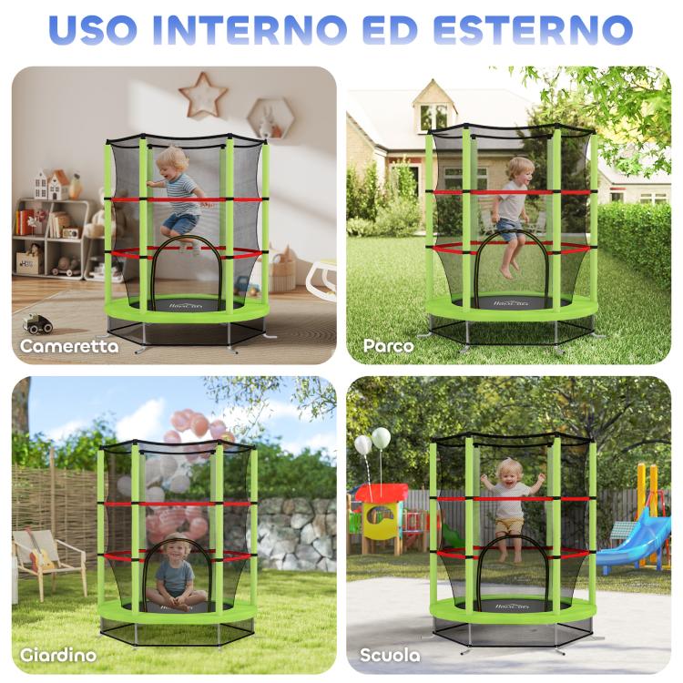 Tappeto Elastico per Bambini 3-6 Anni con Rete di Protezione, 6 Colonne e 3 Ingressi, ?140x190 cm, Verde e Nero