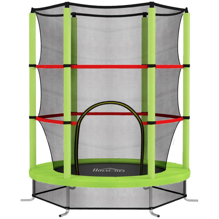 Tappeto Elastico per Bambini 3-6 Anni con Rete di Protezione, 6 Colonne e 3 Ingressi, ?140x190 cm, Verde e Nero