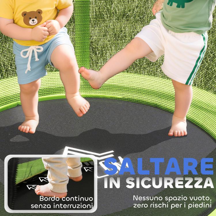 Tappeto Elastico per Bambini 3-6 Anni con Rete di Protezione, 6 Colonne e 3 Ingressi, ?140x190 cm, Verde e Nero