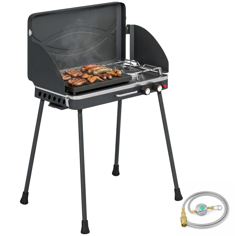 Portable 2-in-1 Propane Gas BBQ with Grill and Stove, 7KW, Black