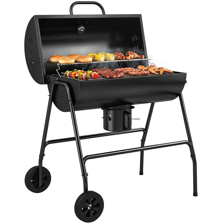 Metal charcoal grill BBQ smoker with lid, thermometer, wheels, grill cart, 95x71.5x102 cm, black