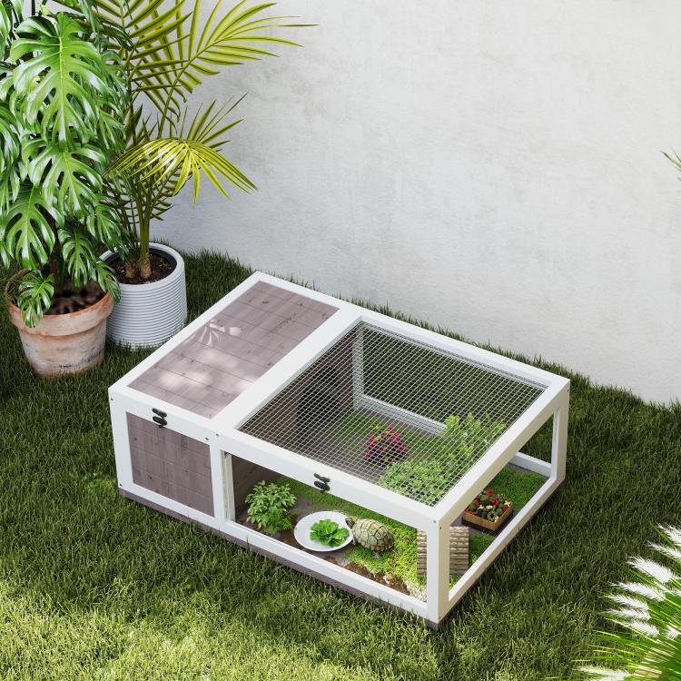 Wooden Tortoise House with Mesh Roof and Removable Transparent Side Panels 91 x 60.5 x 32 cm Light Brown — view 10