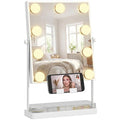 Hollywood Lighted Makeup Mirror – 9 LED Bulbs, 3 Colors, Touch Switch, Phone Holder – White