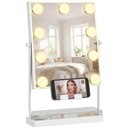 Hollywood Lighted Makeup Mirror – 9 LED Bulbs, 3 Colors, Touch Switch, Phone Holder – White