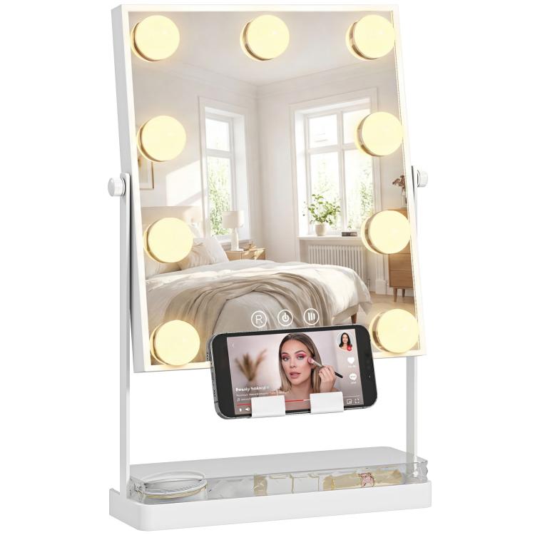 Hollywood Lighted Makeup Mirror – 9 LED Bulbs, 3 Colors, Touch Switch, Phone Holder – White