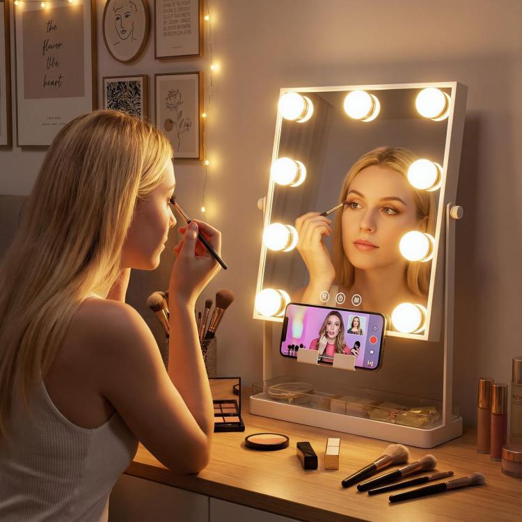 Hollywood Lighted Makeup Mirror – 9 LED Bulbs, 3 Colors, Touch Switch, Phone Holder – White — view 11