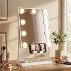 Hollywood Lighted Makeup Mirror – 9 LED Bulbs, 3 Colors, Touch Switch, Phone Holder – White — view 3