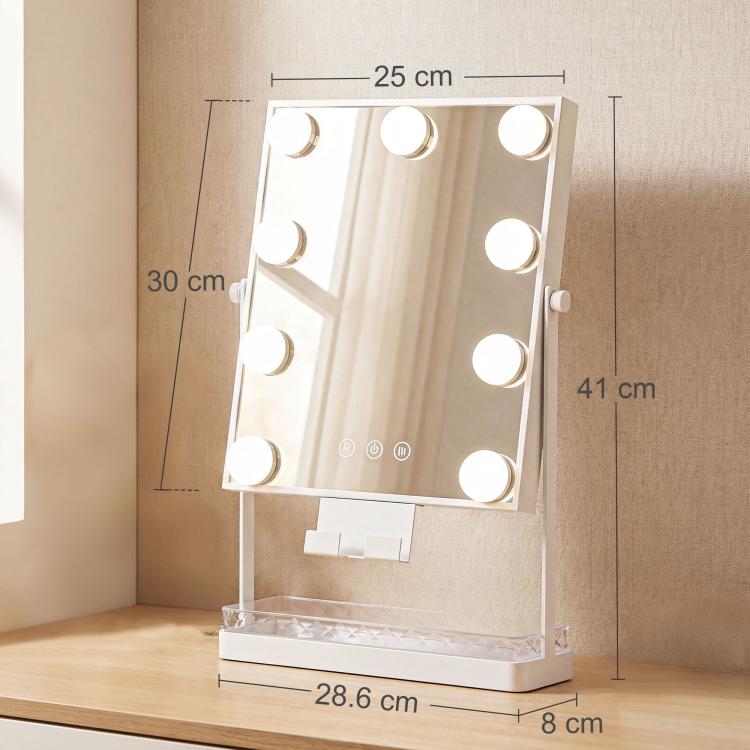 Hollywood Lighted Makeup Mirror – 9 LED Bulbs, 3 Colors, Touch Switch, Phone Holder – White — view 5