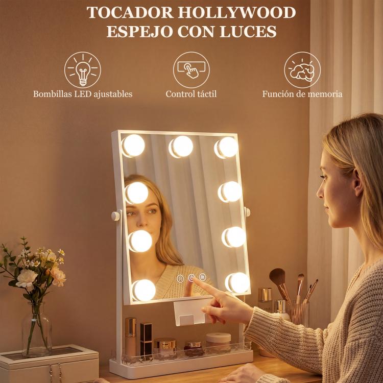 Hollywood Lighted Makeup Mirror – 9 LED Bulbs, 3 Colors, Touch Switch, Phone Holder – White — view 6