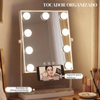 Hollywood Lighted Makeup Mirror – 9 LED Bulbs, 3 Colors, Touch Switch, Phone Holder – White — view 7