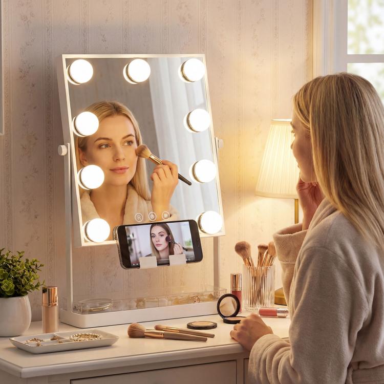 Hollywood Lighted Makeup Mirror – 9 LED Bulbs, 3 Colors, Touch Switch, Phone Holder – White — view 10