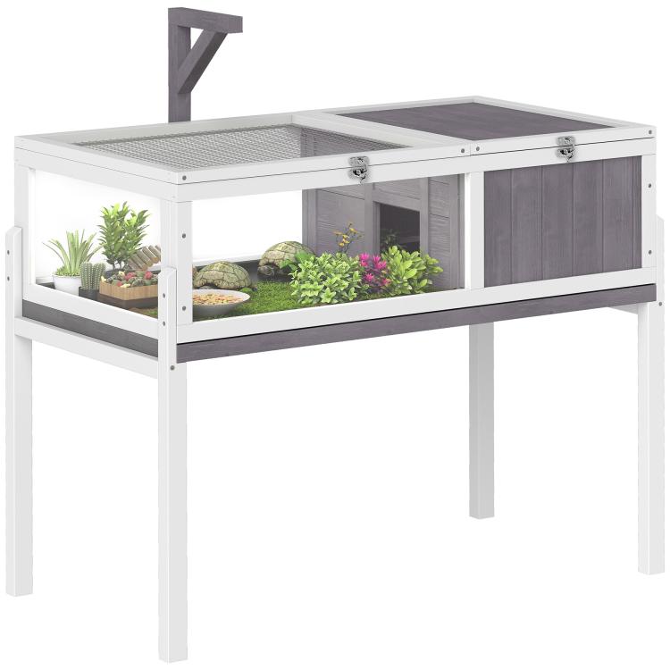 Casa para Tortugas de Madera con Techo de Malla Bandeja Extraíble y Soporte para Lámpara 104x53x82 cm Gris y Blanco