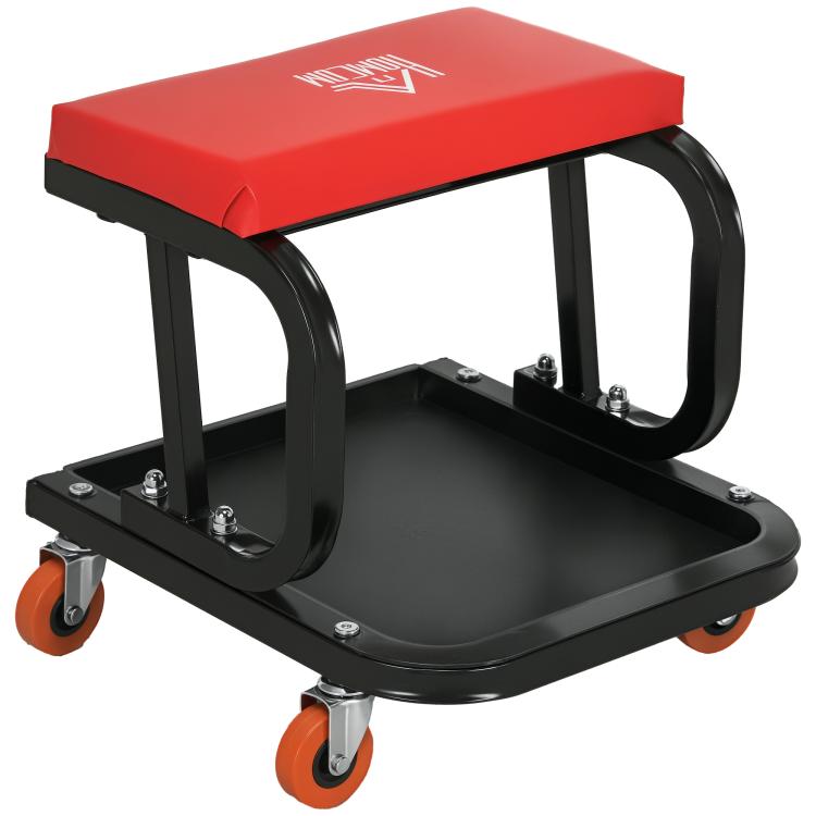 Mobile Workshop Stool with Wheels, Tool Tray, and Steel Frame – 100 kg Load Capacity – Red (for Garage)