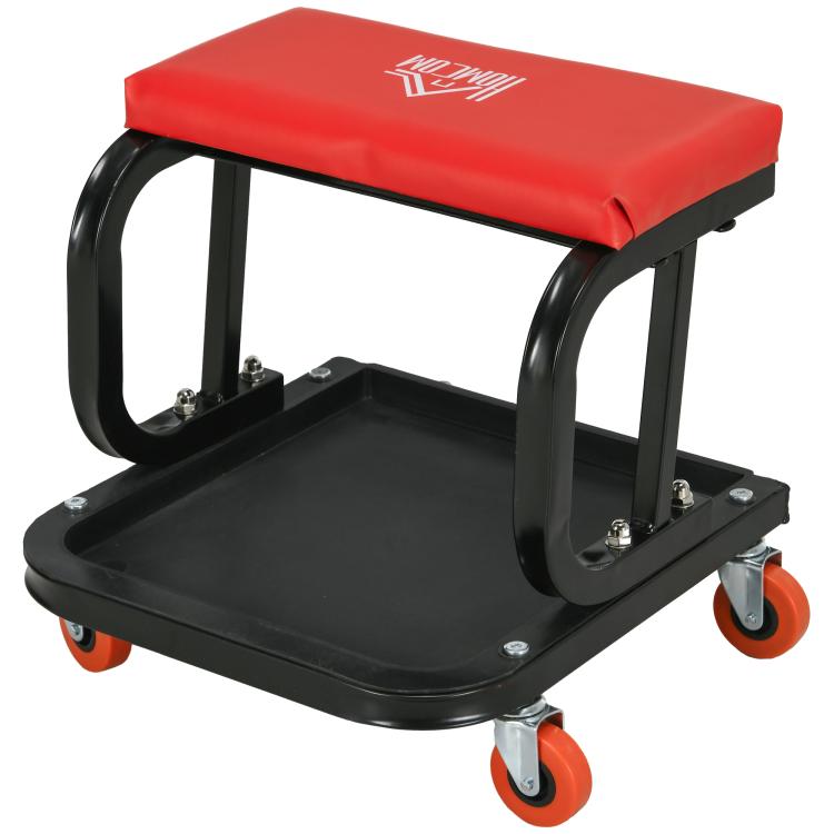 Mobile Workshop Stool with Wheels, Tool Tray, and Steel Frame – 100 kg Load Capacity – Red (for Garage)