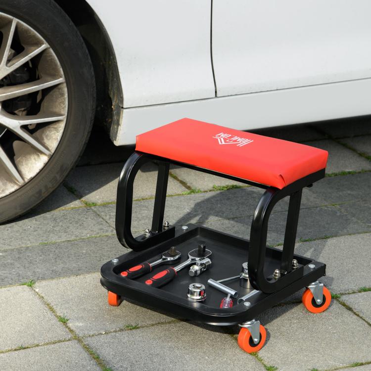 Mobile Workshop Stool with Wheels, Tool Tray, and Steel Frame – 100 kg Load Capacity – Red (for Garage)