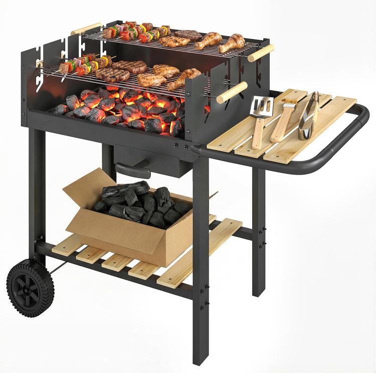 Charcoal Grill Cart with 4-Position Height-Adjustable Grill Grate, 2 Wooden Shelves, 2 Wheels, Ash Container, 99.5 x 58 x 82 cm