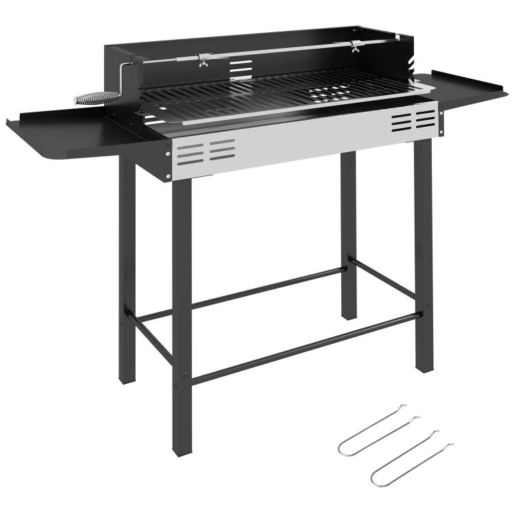 3-Tier Charcoal Barbecue with Folding Shelves and Rotisserie, Stainless Steel, 118x32x90 cm, Black