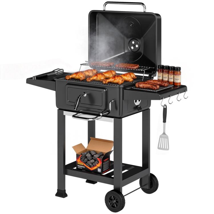 Charcoal Barbecue Cart Garden Grill with XXL Lid, Charcoal Tray and Adjustable Vents, 112cm, Black