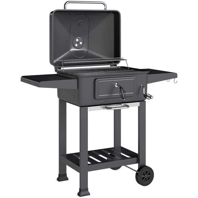 Charcoal Barbecue Cart Garden Grill with XXL Lid, Charcoal Tray and Adjustable Vents, 112cm, Black