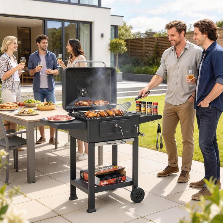 Charcoal Barbecue Cart Garden Grill with XXL Lid, Charcoal Tray and Adjustable Vents, 112cm, Black