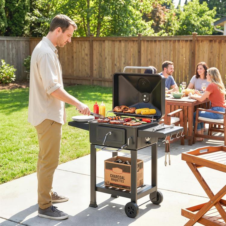 Charcoal Barbecue Cart Garden Grill with XXL Lid, Charcoal Tray and Adjustable Vents, 112cm, Black