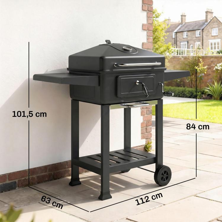 Charcoal Barbecue Cart Garden Grill with XXL Lid, Charcoal Tray and Adjustable Vents, 112cm, Black