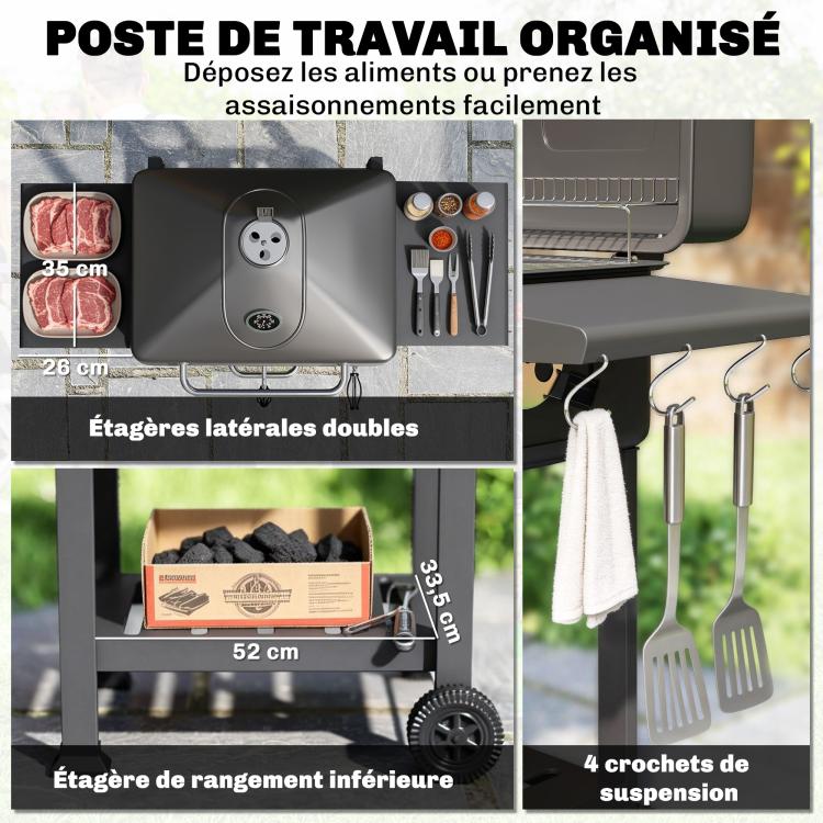 Charcoal Barbecue Cart Garden Grill with XXL Lid, Charcoal Tray and Adjustable Vents, 112cm, Black