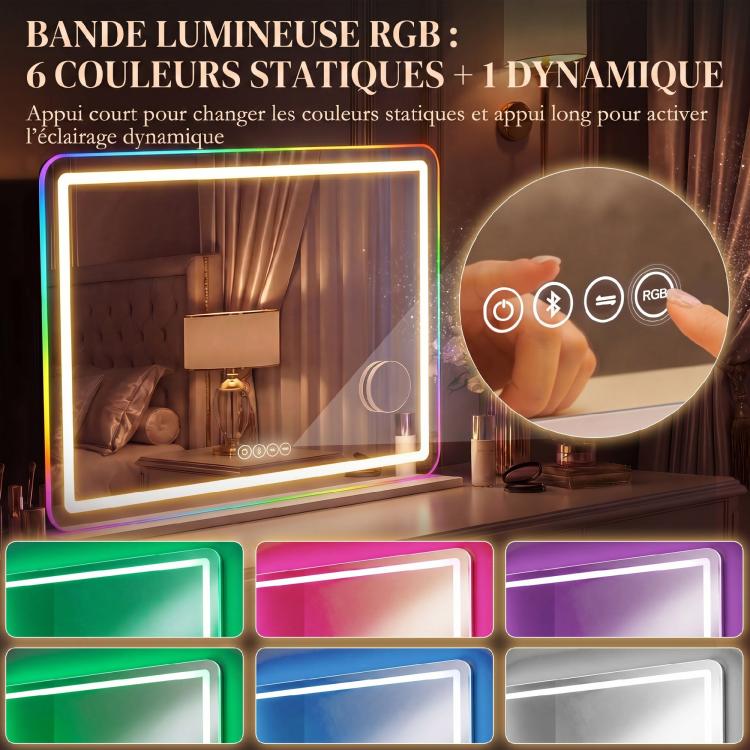 80x60cm lighted makeup mirror, dimmable LED vanity mirror, RGB lighting, 3 color temperatures, white — view 8